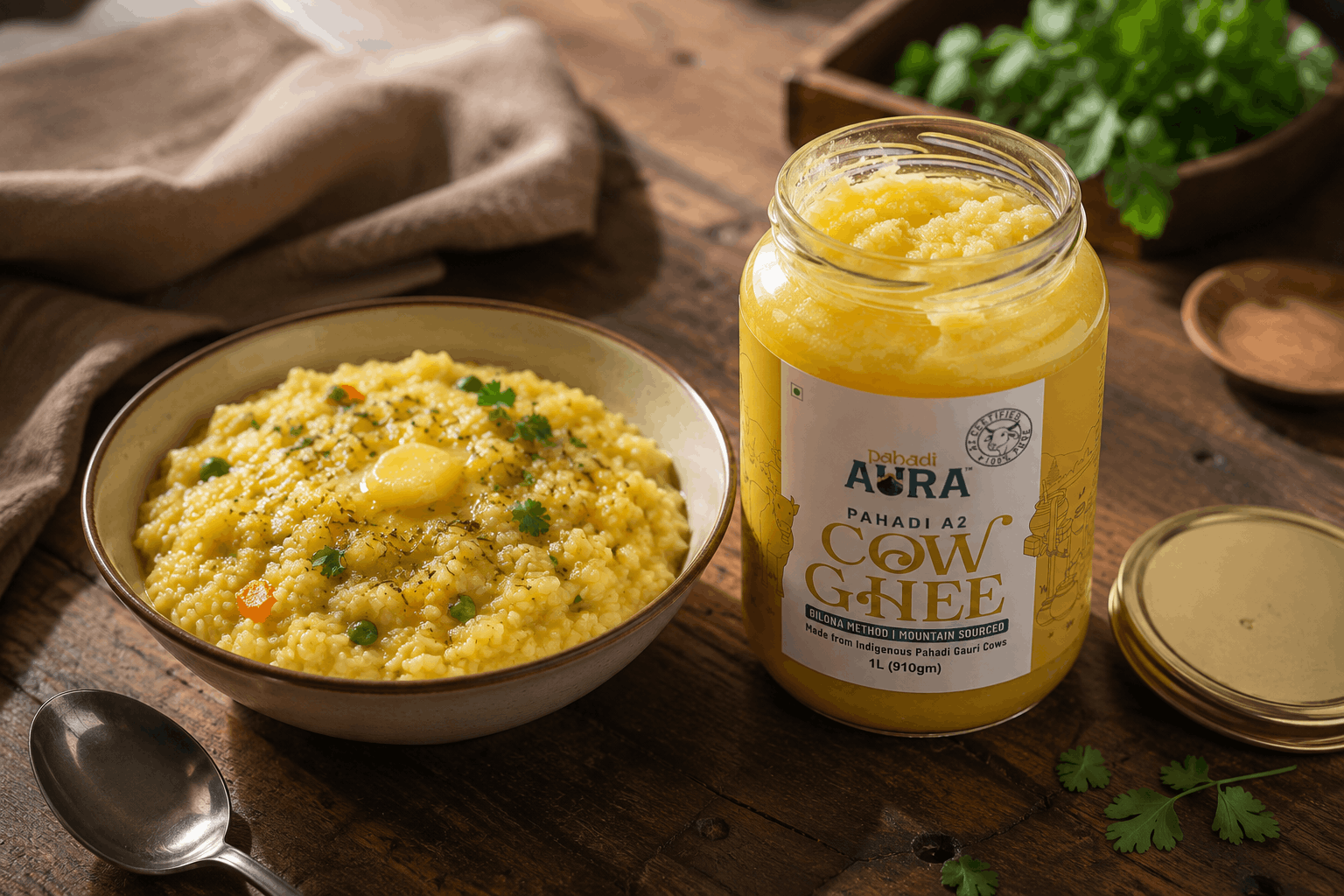 Open jar of A2 bilona ghee with danedar grain beside a bowl of khichdi on a wooden table