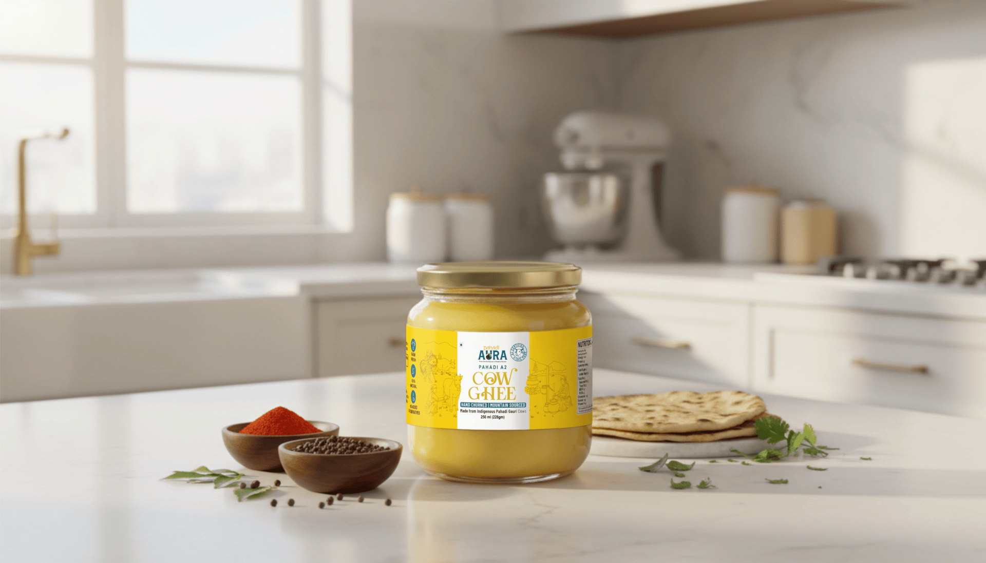 Pahadi Aura A2 Desi Cow Ghee in glass jar, pure Himalayan ghee