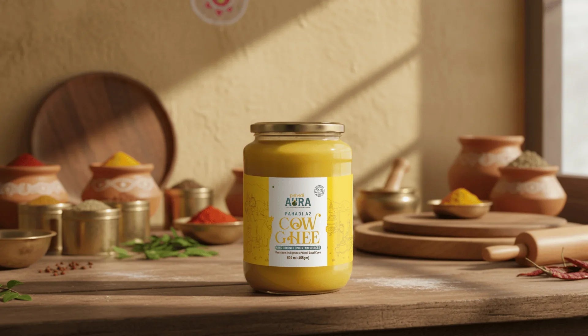 Pahadi Aura A2 Cow Ghee glass jar with pure Himalayan ghee