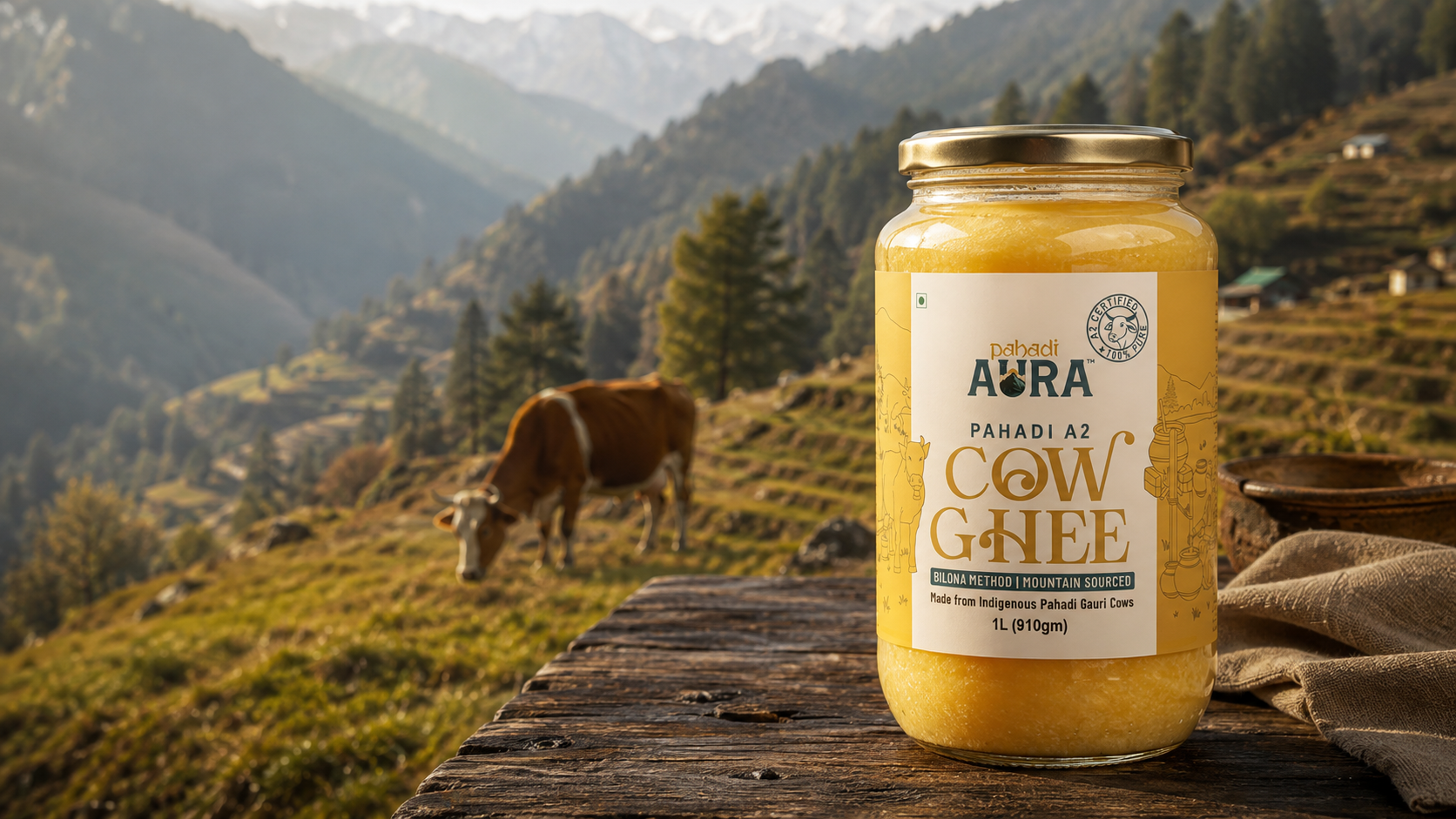 1L glass jar of Pahadi Aura A2 cow ghee with visible danedar grain, on a wooden table with a Himalayan grazing pasture behind it